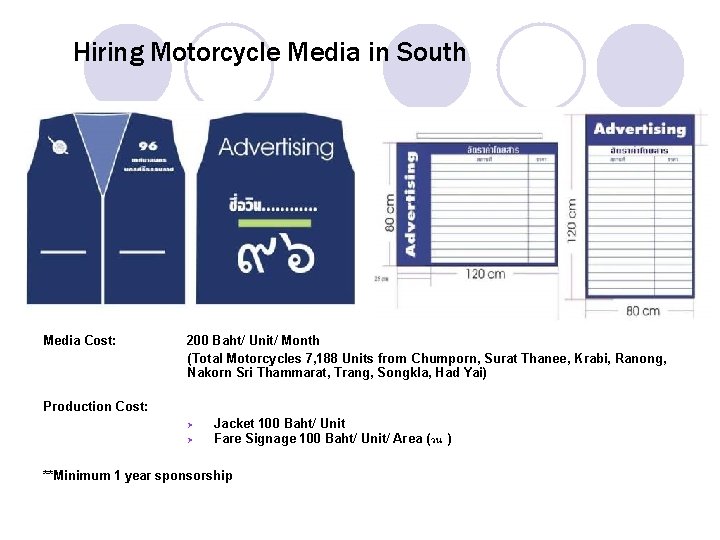Hiring Motorcycle Media in South Media Cost: 200 Baht/ Unit/ Month (Total Motorcycles 7,