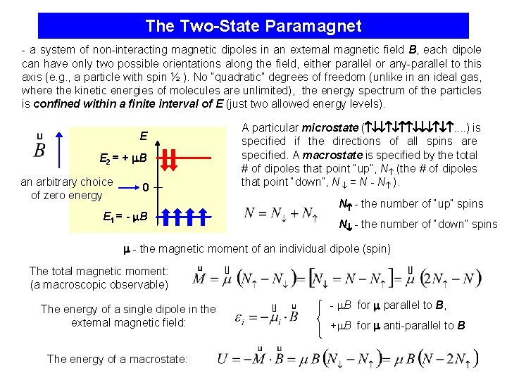 The Two-State Paramagnet - a system of non-interacting magnetic dipoles in an external magnetic