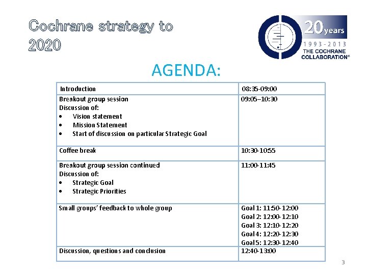 Cochrane strategy to 2020 AGENDA: Introduction Breakout group session Discussion of: Vision statement Mission