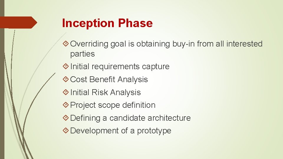 Inception Phase Overriding goal is obtaining buy-in from all interested parties Initial requirements capture