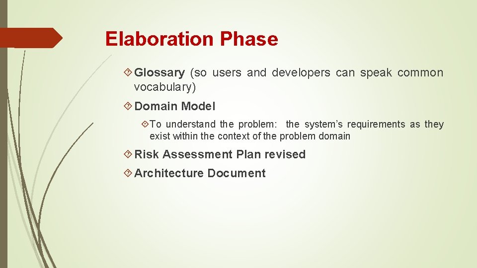 Elaboration Phase Glossary (so users and developers can speak common vocabulary) Domain Model To