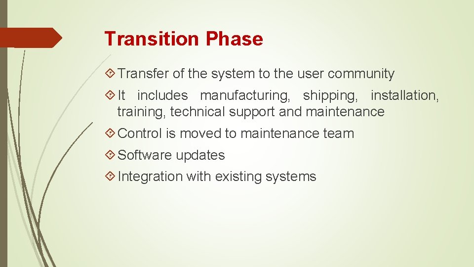 Transition Phase Transfer of the system to the user community It includes manufacturing, shipping,