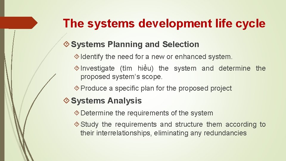 The systems development life cycle Systems Planning and Selection Identify the need for a