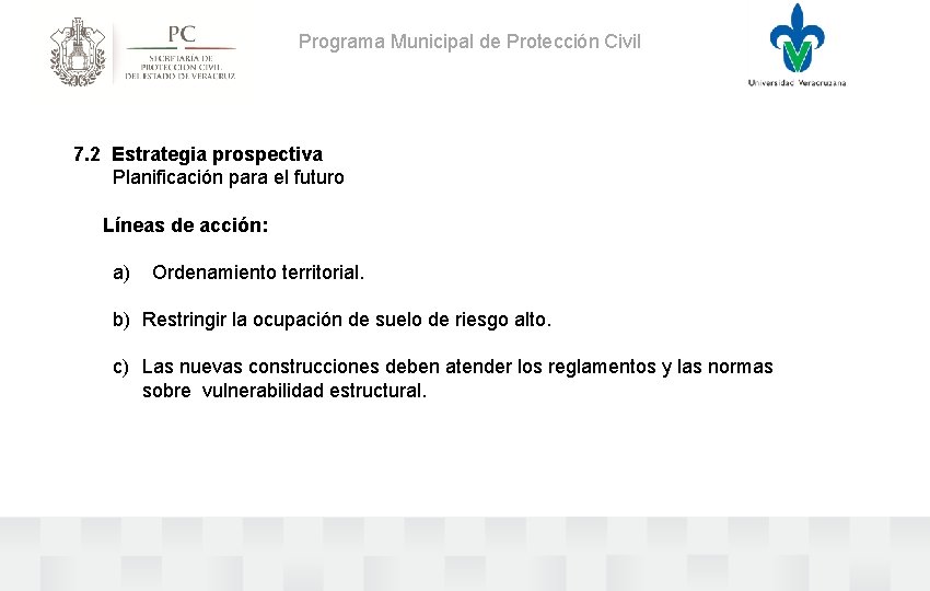 Programa Municipal de Protección Civil 7. 2 Estrategia prospectiva Planificación para el futuro Líneas