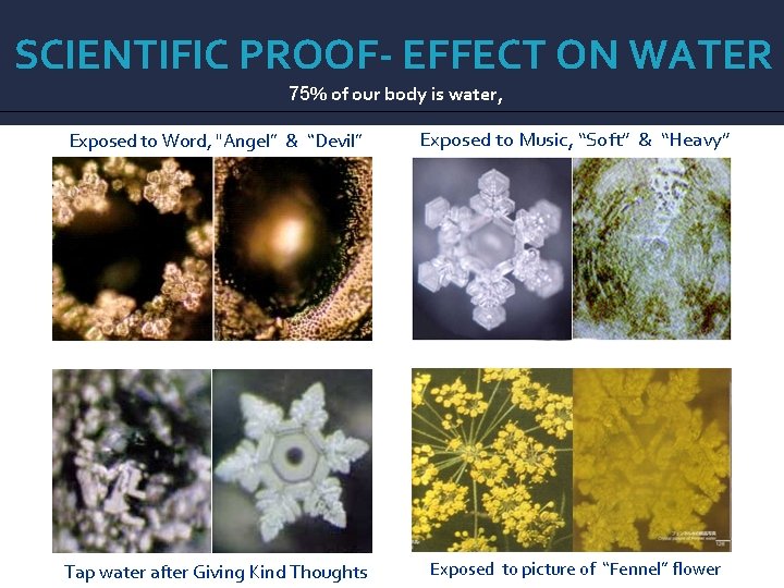 SCIENTIFIC PROOF- EFFECT ON WATER 75% of our body is water, Exposed to Word,