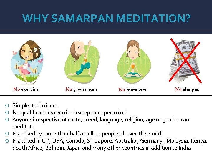 WHY SAMARPAN MEDITATION? No exercise No yoga aasan No pranayam No charges Simple technique.