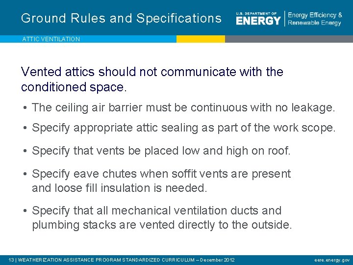 Ground Rules and Specifications ATTIC VENTILATION Vented attics should not communicate with the conditioned