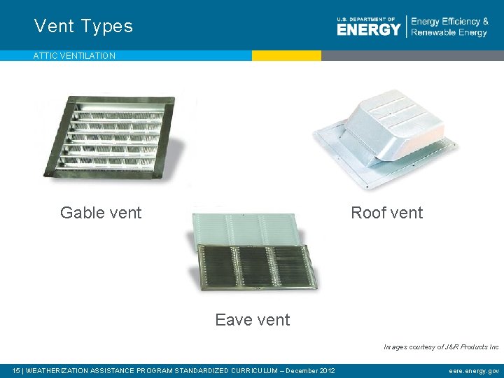 Vent Types ATTIC VENTILATION Gable vent Roof vent Eave vent Images courtesy of J&R Vent Types ATTIC VENTILATION Gable vent Roof vent Eave vent Images courtesy of J&R
