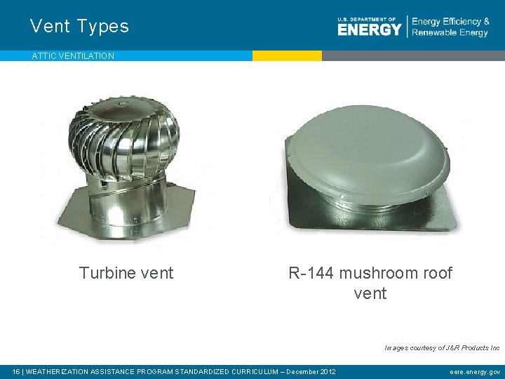 Vent Types ATTIC VENTILATION Turbine vent R-144 mushroom roof vent Images courtesy of J&R