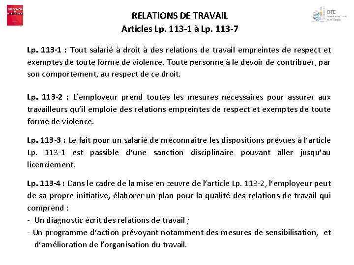 RELATIONS DE TRAVAIL Articles Lp. 113 -1 à Lp. 113 -7 Lp. 113 -1