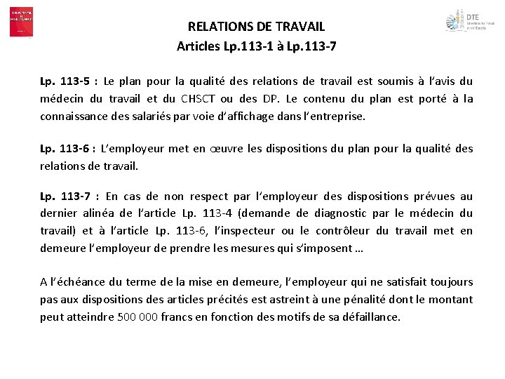 RELATIONS DE TRAVAIL Articles Lp. 113 -1 à Lp. 113 -7 Lp. 113 -5