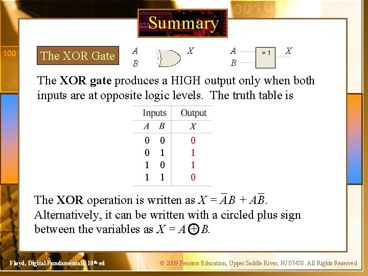 Summary The XOR Gate A B X The XOR gate produces a HIGH output