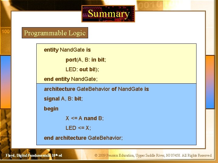 Summary Programmable Logic entity Nand. Gate is port(A, B: in bit; LED: out bit);