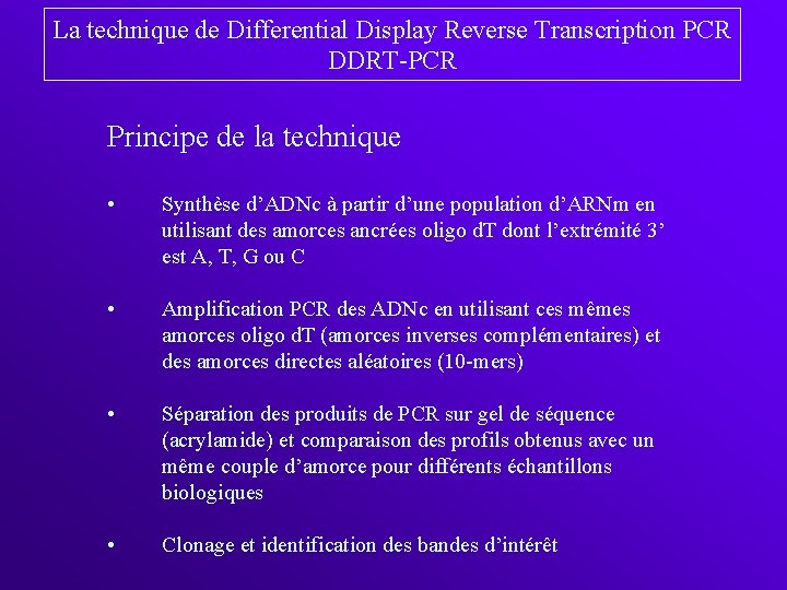 La technique de Differential Display Reverse Transcription PCR DDRT-PCR Principe de la technique •