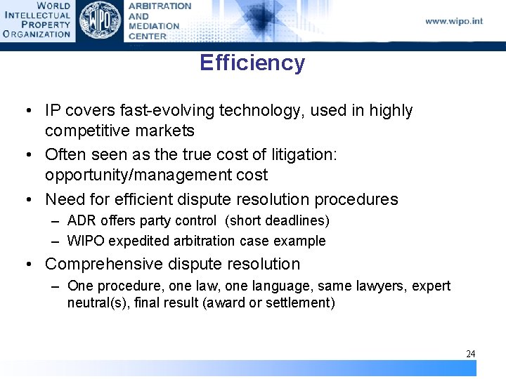 Efficiency • IP covers fast-evolving technology, used in highly competitive markets • Often seen