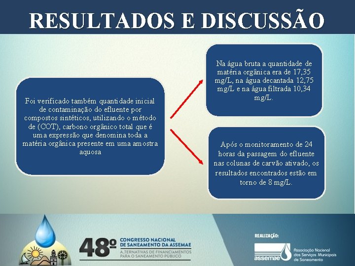 RESULTADOS E DISCUSSÃO Foi verificado também quantidade inicial de contaminação do efluente por compostos RESULTADOS E DISCUSSÃO Foi verificado também quantidade inicial de contaminação do efluente por compostos