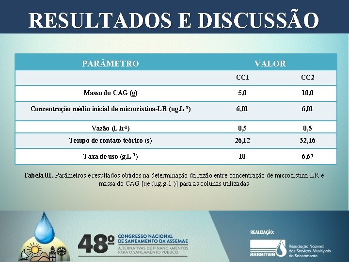 RESULTADOS E DISCUSSÃO PAR METRO VALOR CC 1 CC 2 Massa do CAG (g) RESULTADOS E DISCUSSÃO PAR METRO VALOR CC 1 CC 2 Massa do CAG (g)