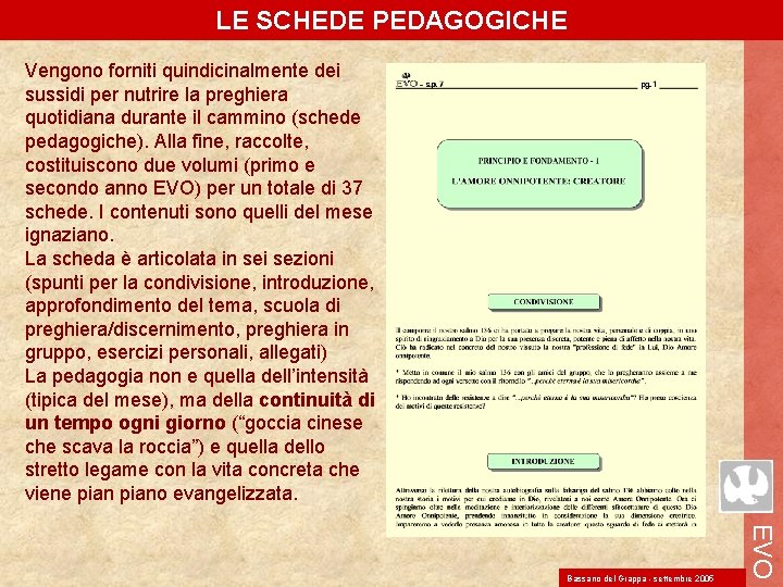 LE SCHEDE PEDAGOGICHE Vengono forniti quindicinalmente dei sussidi per nutrire la preghiera quotidiana durante