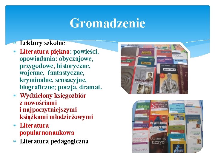 Gromadzenie Lektury szkolne Literatura piękna: powieści, opowiadania: obyczajowe, przygodowe, historyczne, wojenne, fantastyczne, kryminalne, sensacyjne,