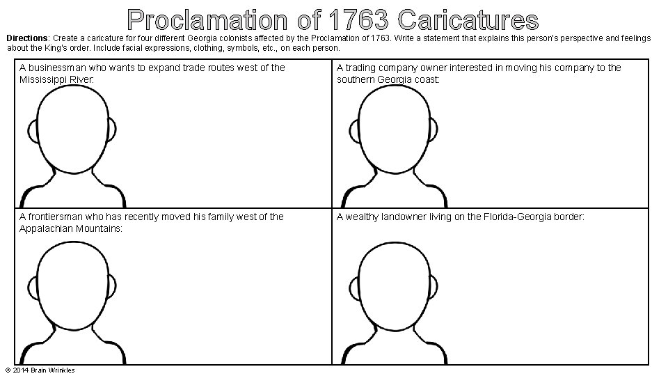 Proclamation of 1763 Caricatures Directions: Create a caricature for four different Georgia colonists affected Proclamation of 1763 Caricatures Directions: Create a caricature for four different Georgia colonists affected