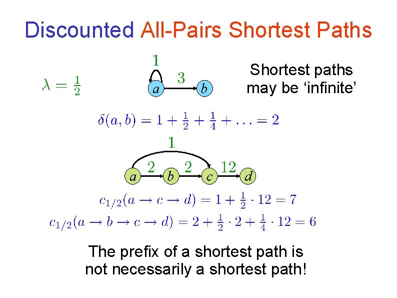 Discounted All-Pairs Shortest Paths a a b b c Shortest paths may be ‘infinite’