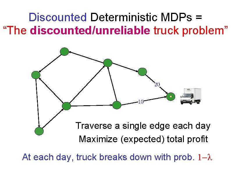 Discounted Deterministic MDPs = “The discounted/unreliable truck problem” Traverse a single edge each day