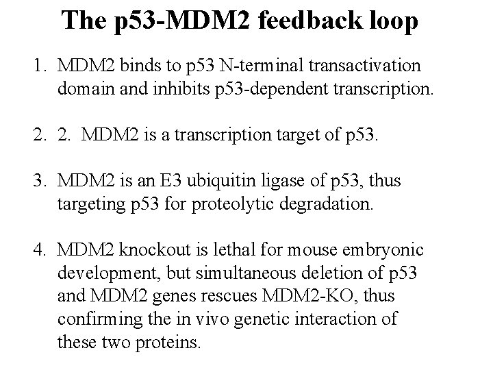 The p 53 -MDM 2 feedback loop 1. MDM 2 binds to p 53