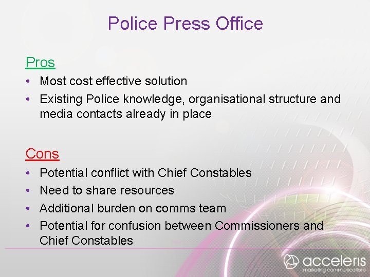 Police Press Office Pros • Most cost effective solution • Existing Police knowledge, organisational