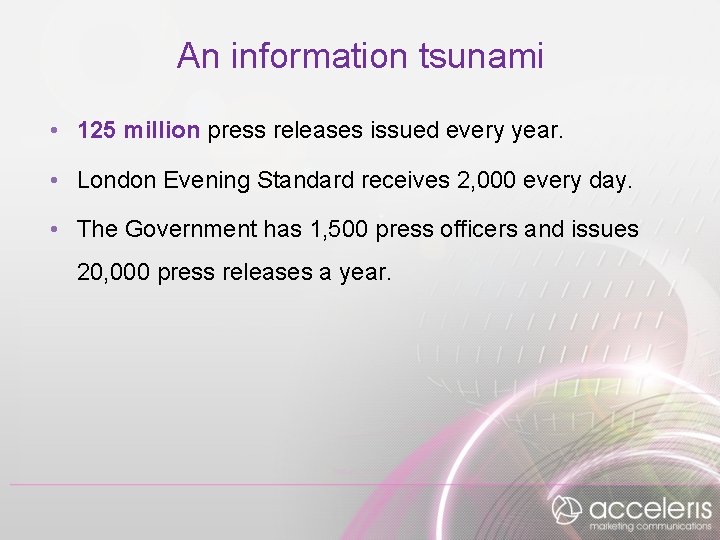 An information tsunami • 125 million press releases issued every year. • London Evening