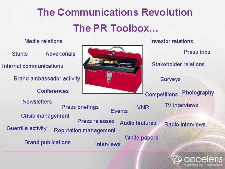 The Communications Revolution The PR Toolbox… Media relations Stunts Investor relations Press trips Advertorials