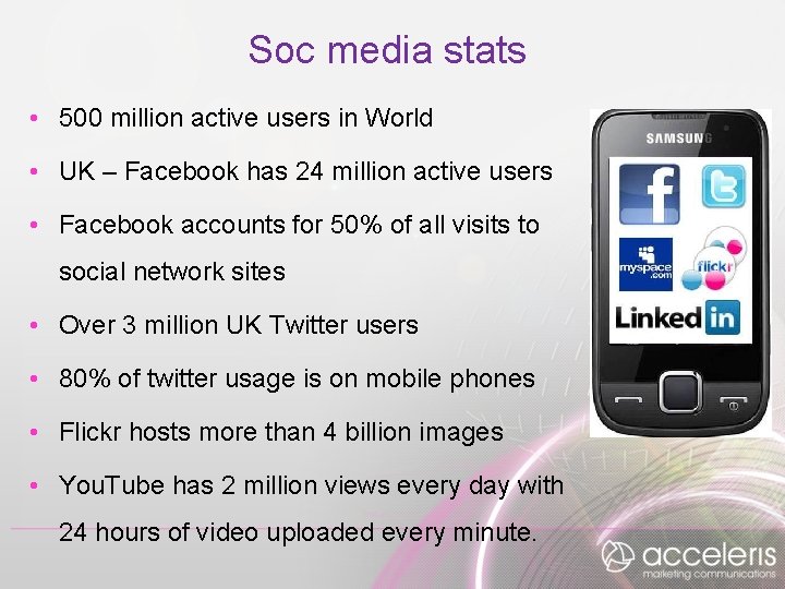 Soc media stats • 500 million active users in World • UK – Facebook