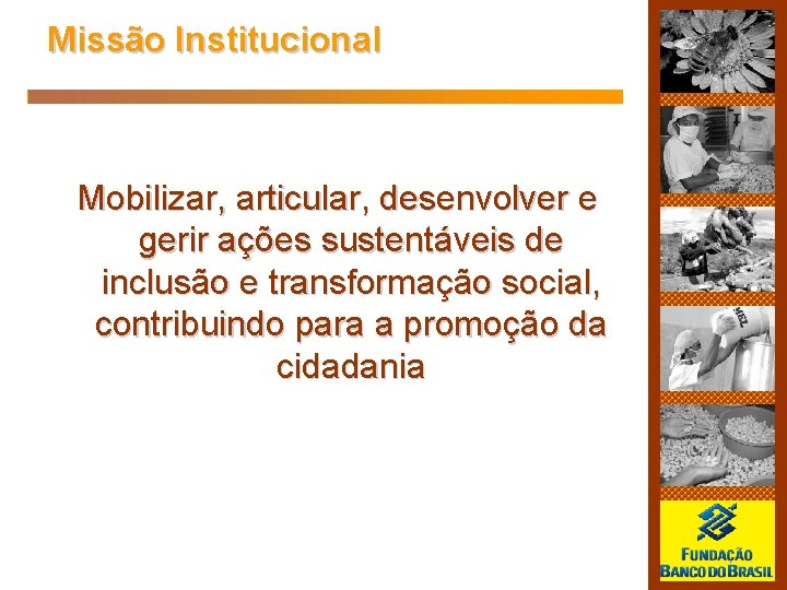 Missão Institucional Mobilizar, articular, desenvolver e gerir ações sustentáveis de inclusão e transformação social,