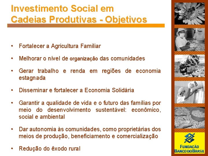 Investimento Social em Cadeias Produtivas - Objetivos • Fortalecer a Agricultura Familiar • Melhorar