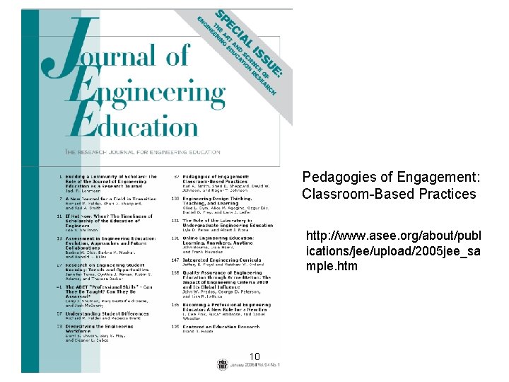 Pedagogies of Engagement: Classroom-Based Practices http: //www. asee. org/about/publ ications/jee/upload/2005 jee_sa mple. htm 10