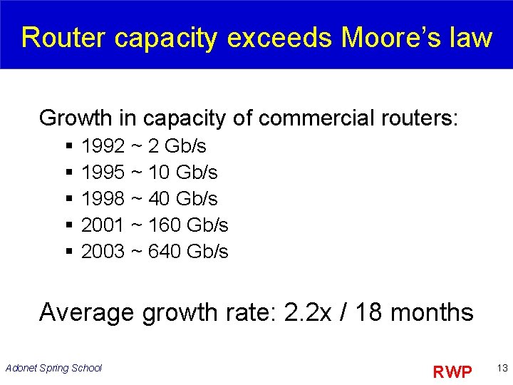 Router capacity exceeds Moore’s law Growth in capacity of commercial routers: § § §