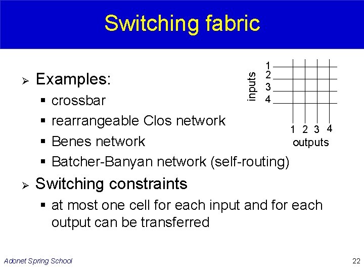 Ø Examples: § § Ø inputs Switching fabric 1 2 3 4 crossbar rearrangeable