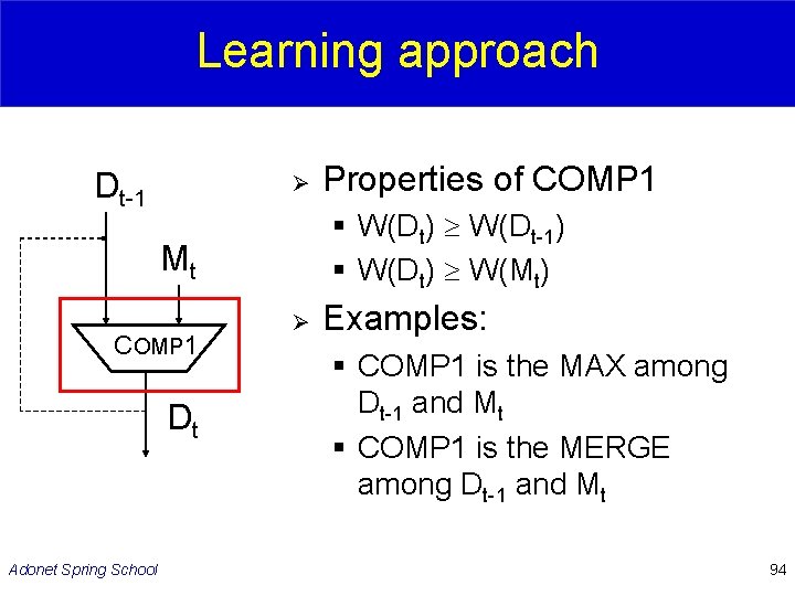Learning approach Dt-1 Ø § W(Dt) W(Dt-1) § W(Dt) W(Mt) Mt COMP 1 Dt