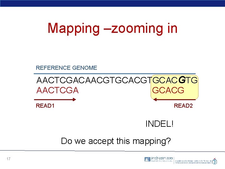 Mapping –zooming in REFERENCE GENOME AACTCGACAACGTGCACGTG AACTCGA GCACG READ 1 READ 2 INDEL! Do