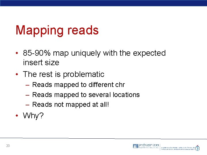 Mapping reads • 85 -90% map uniquely with the expected insert size • The