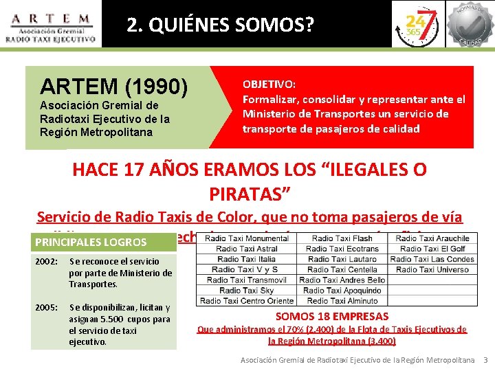 2. QUIÉNES SOMOS? ARTEM (1990) Asociación Gremial de Radiotaxi Ejecutivo de la Región Metropolitana