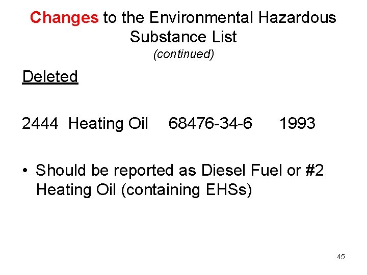 Changes to the Environmental Hazardous Substance List (continued) Deleted 2444 Heating Oil 68476 -34 Changes to the Environmental Hazardous Substance List (continued) Deleted 2444 Heating Oil 68476 -34