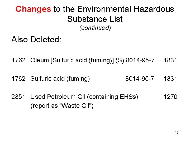 Changes to the Environmental Hazardous Substance List (continued) Also Deleted: 1762 Oleum [Sulfuric acid Changes to the Environmental Hazardous Substance List (continued) Also Deleted: 1762 Oleum [Sulfuric acid