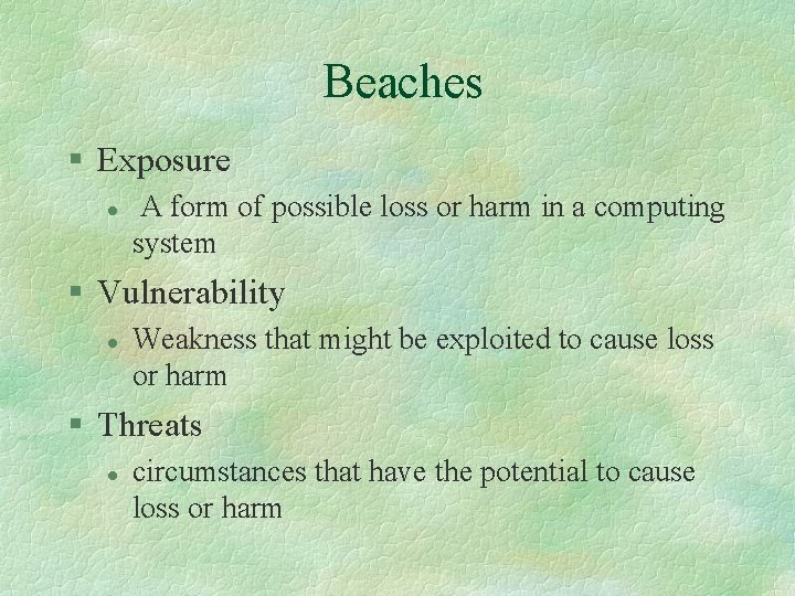 Beaches § Exposure l A form of possible loss or harm in a computing