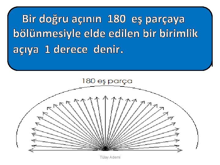 Bir doğru açının 180 eş parçaya bölünmesiyle elde edilen birimlik açıya 1 derece denir.