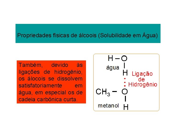 Propriedades físicas de álcoois (Solubilidade em Água) Também, devido às ligações de hidrogênio, os Propriedades físicas de álcoois (Solubilidade em Água) Também, devido às ligações de hidrogênio, os