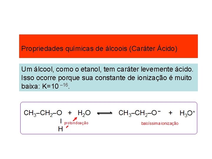 Propriedades químicas de álcoois (Caráter Ácido) Um álcool, como o etanol, tem caráter levemente Propriedades químicas de álcoois (Caráter Ácido) Um álcool, como o etanol, tem caráter levemente