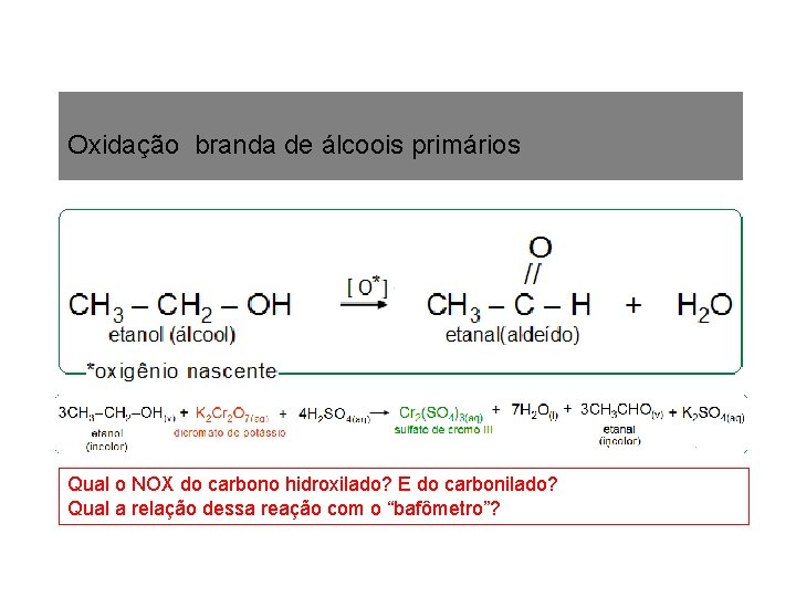 Oxidação branda de álcoois primários Qual o NOX do carbono hidroxilado? E do carbonilado? Oxidação branda de álcoois primários Qual o NOX do carbono hidroxilado? E do carbonilado?
