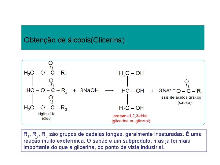 Obtenção de álcoois(Glicerina) R 1, R 2, R 3 são grupos de cadeias longas, Obtenção de álcoois(Glicerina) R 1, R 2, R 3 são grupos de cadeias longas,