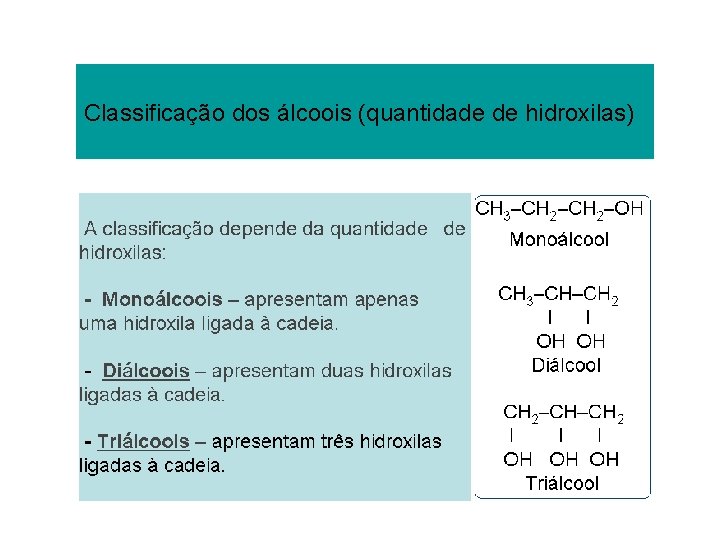 Classificação dos álcoois (quantidade de hidroxilas) Classificação dos álcoois (quantidade de hidroxilas)