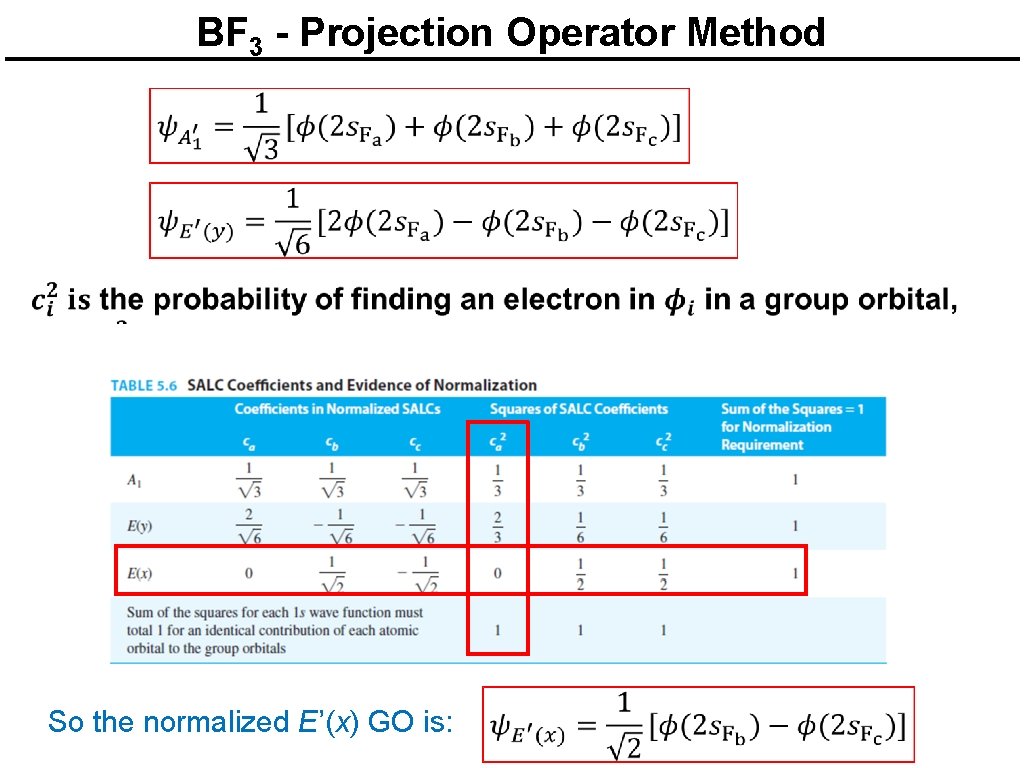 BF 3 - Projection Operator Method So the normalized E’(x) GO is: 